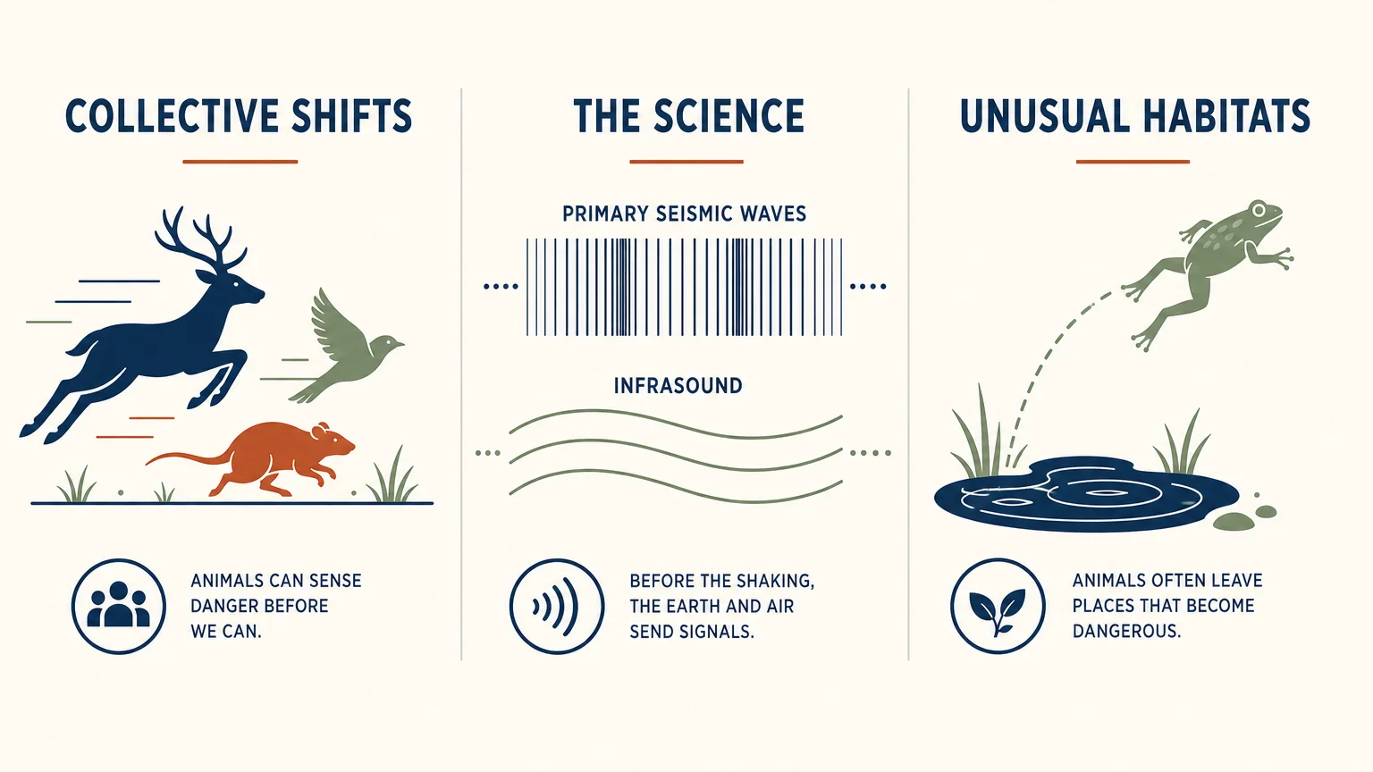 A three-panel horizontal infographic detailing collective shifts, the science of waves, and animal habitat abandonment.