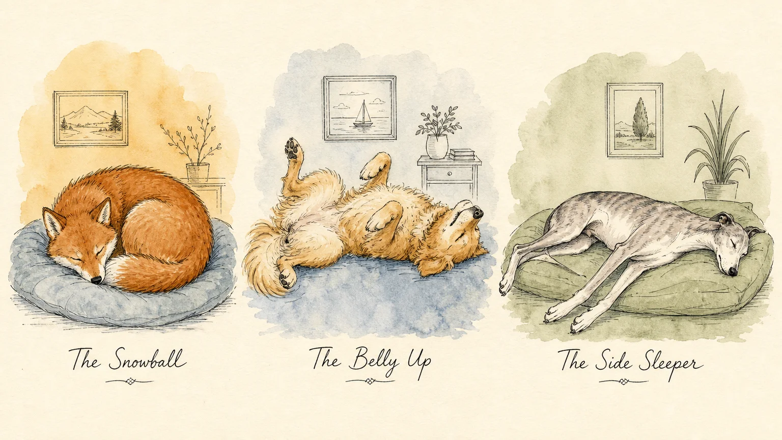 A three-panel watercolor illustration comparing different dog sleeping styles: the snowball, the belly up, and the side sleeper.