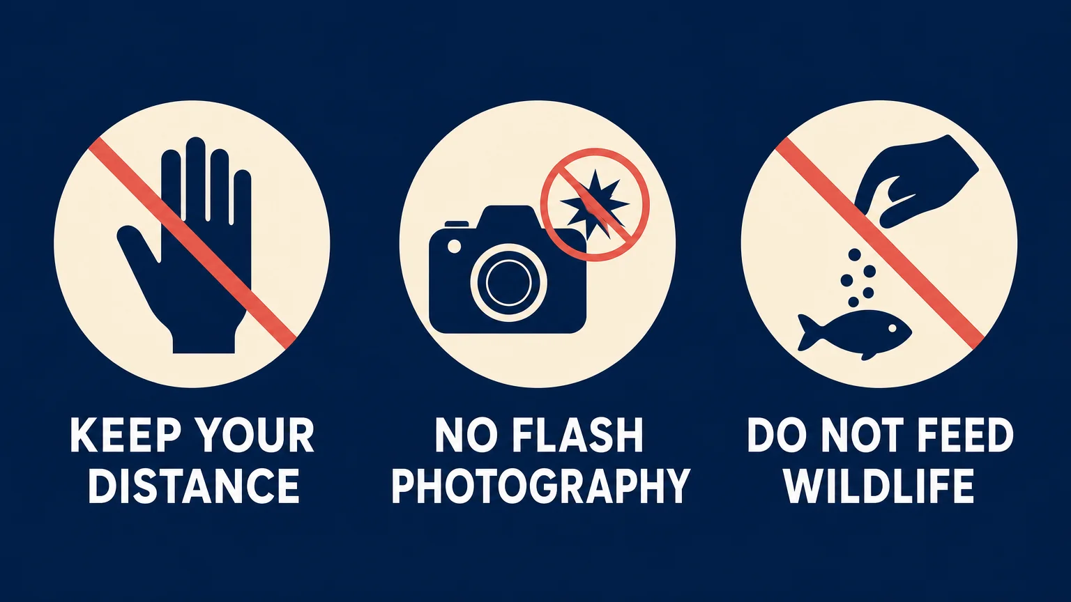 A three-part safety infographic showing icons for keeping distance, turning off camera flash, and not feeding marine wildlife.