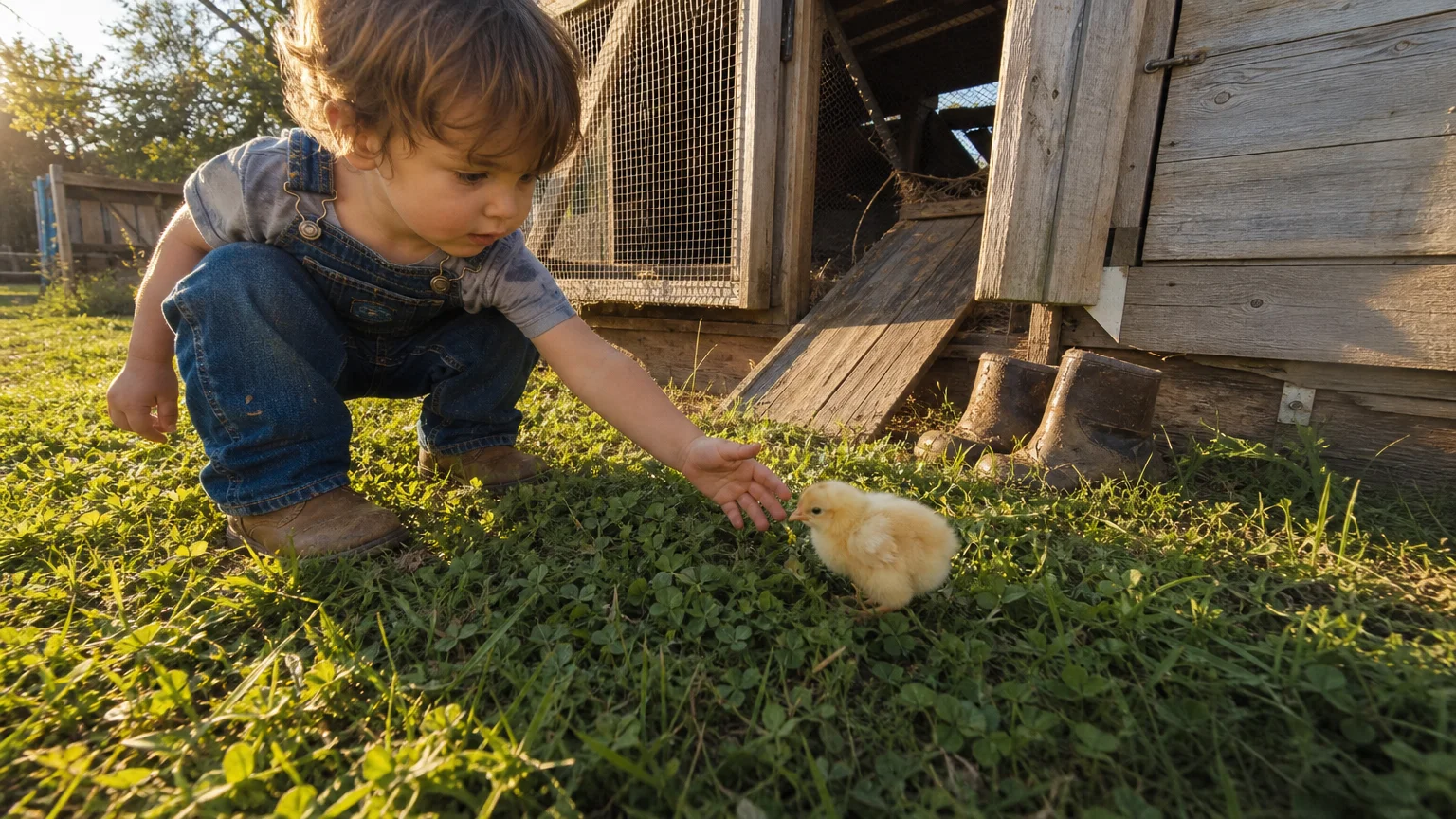 A toddler in denim overalls crouched in a backyard looking at a small yellow chick near a wooden coop.