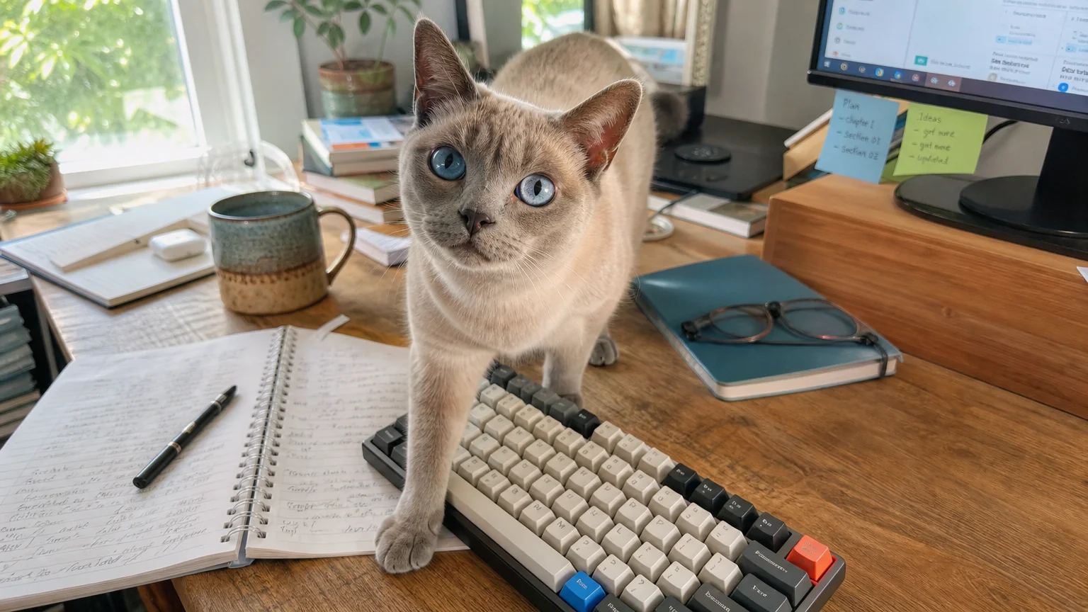A Tonkinese cat with aqua eyes stepping onto a computer keyboard on a sunlit home office desk next to a coffee mug.
