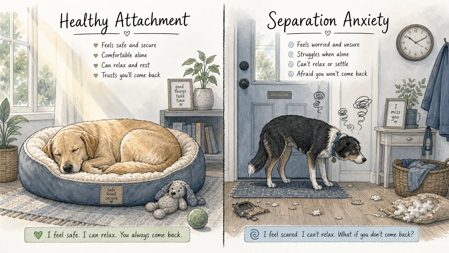 A two-panel illustration comparing a calm dog sleeping peacefully (Healthy Attachment) with a tense dog waiting anxiously at the door (Separ