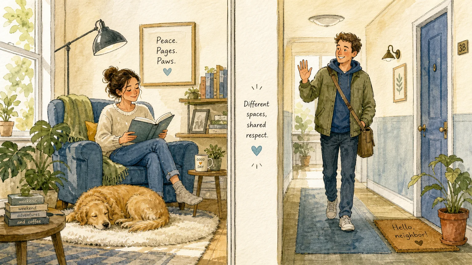 A two-panel watercolor illustration showing a happy owner with a quiet dog and a smiling neighbor in the hallway.