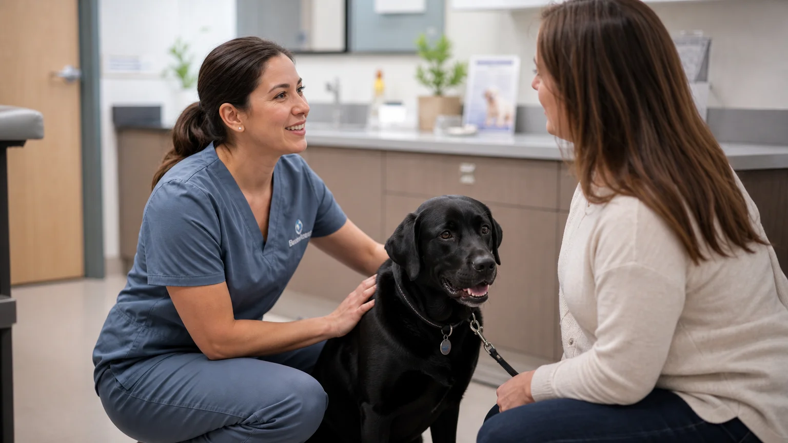 A veterinarian in blue scrubs talking reassuringly to a pet owner and their black dog.