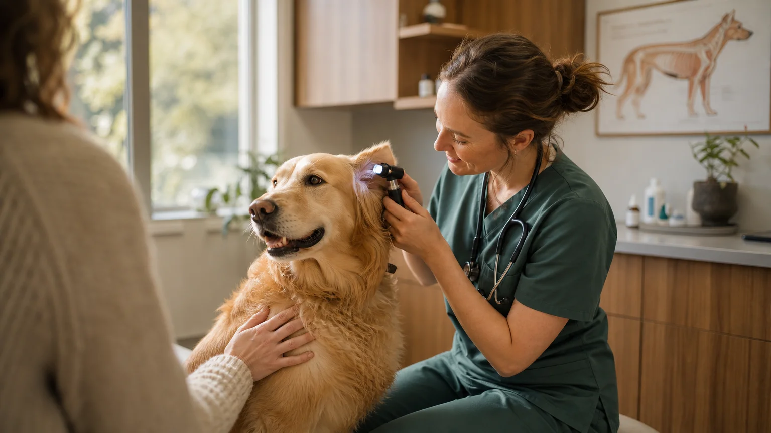 A veterinarian in green scrubs gently examines a golden retriever in a warm, sunlit clinic room.