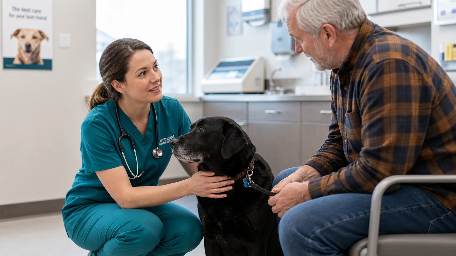 A veterinarian in teal scrubs talking compassionately to a dog owner in a bright exam room.