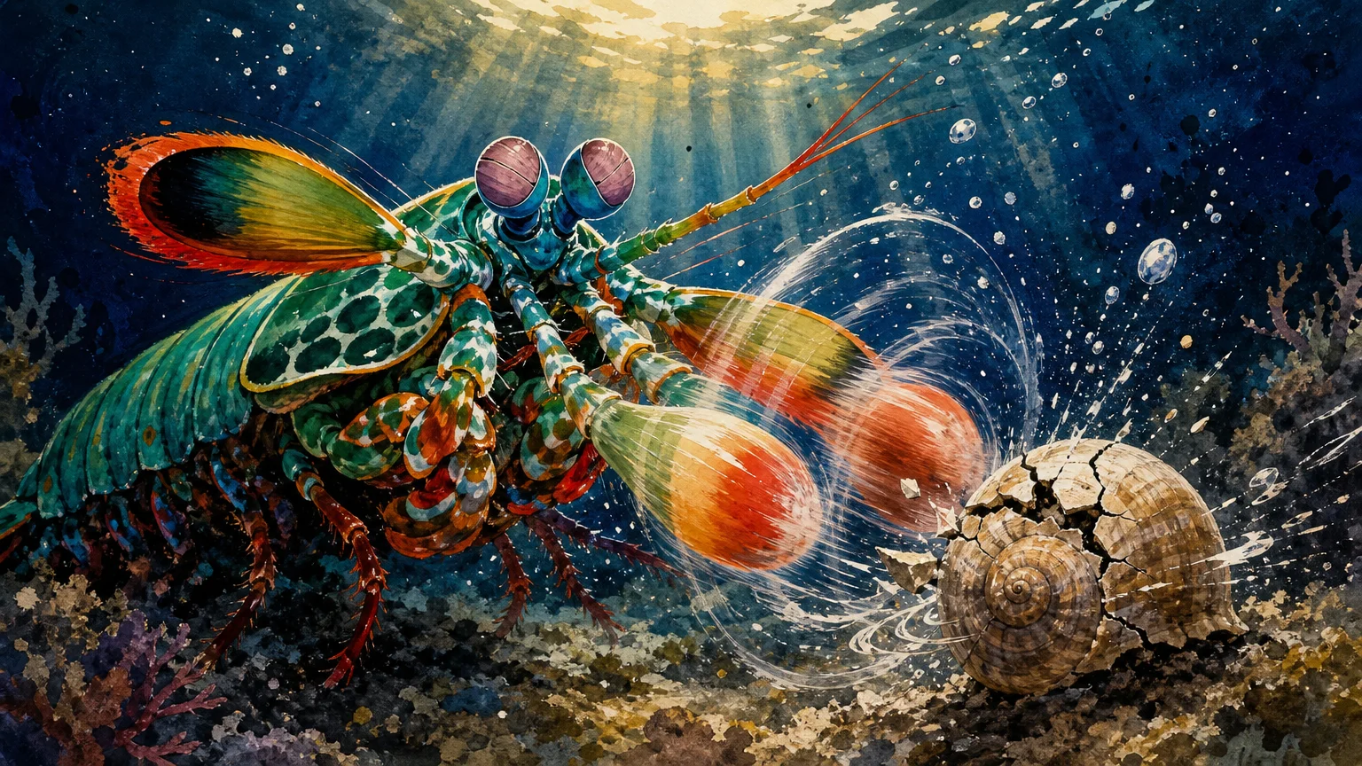 A vibrant gouache illustration of a colorful Peacock Mantis Shrimp punching a shell underwater with stylized shockwaves.