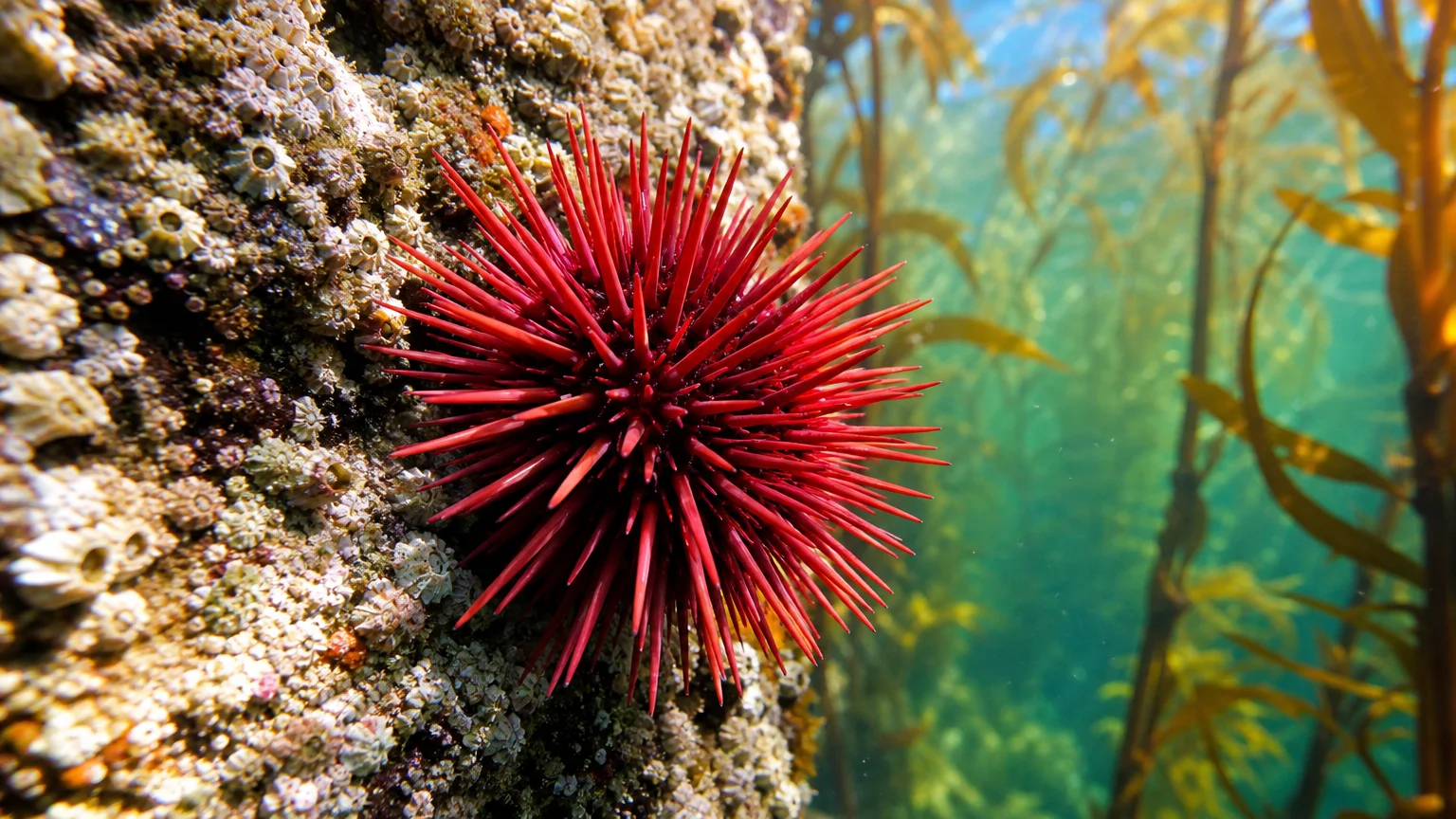 A vibrant red sea urchin clinging to a rocky, barnacle-covered surface underwater with sunlit kelp in the background.