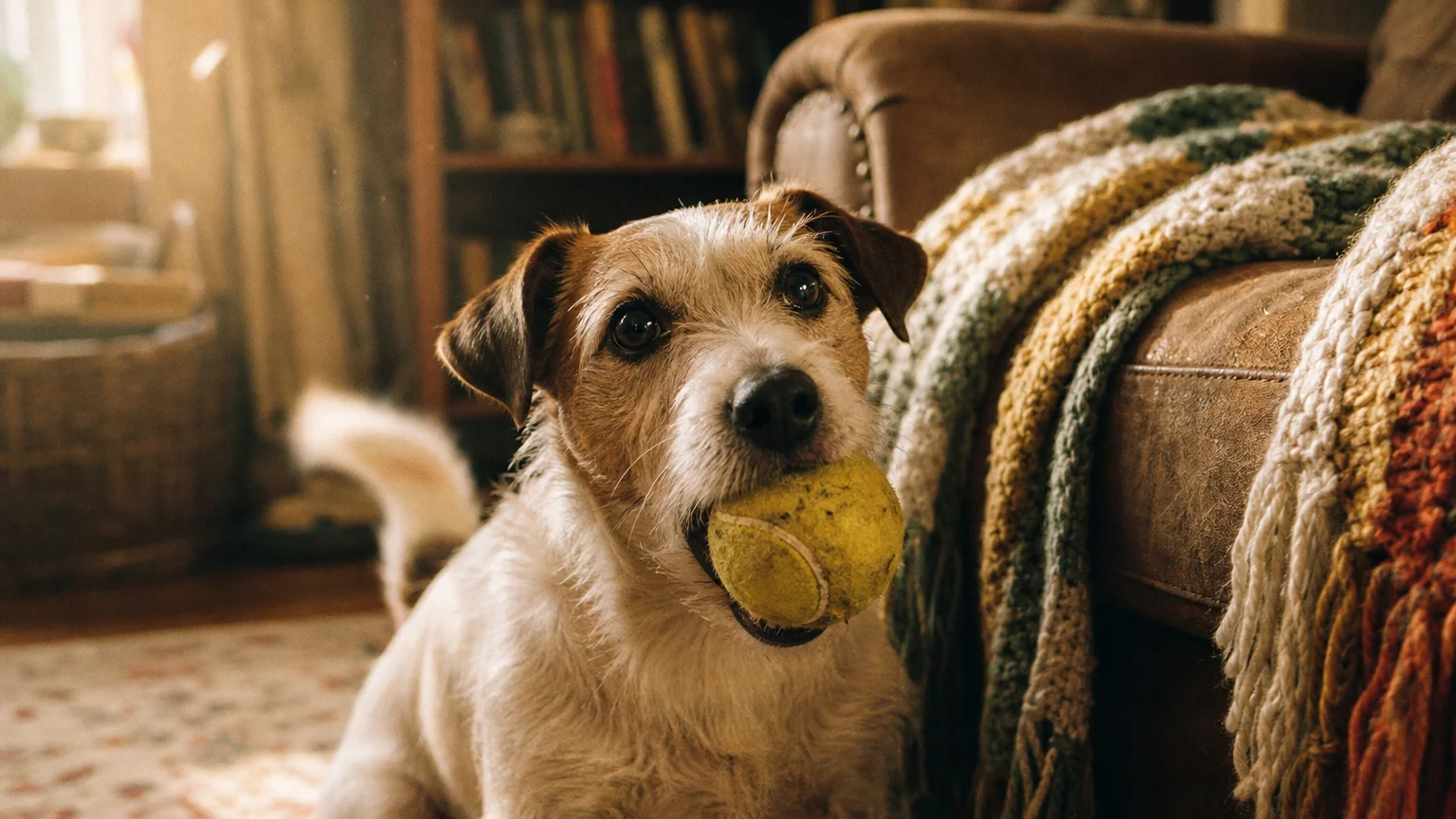 A warm 35mm film photo of a small terrier sitting by an armchair, holding a worn yellow tennis ball in its mouth.