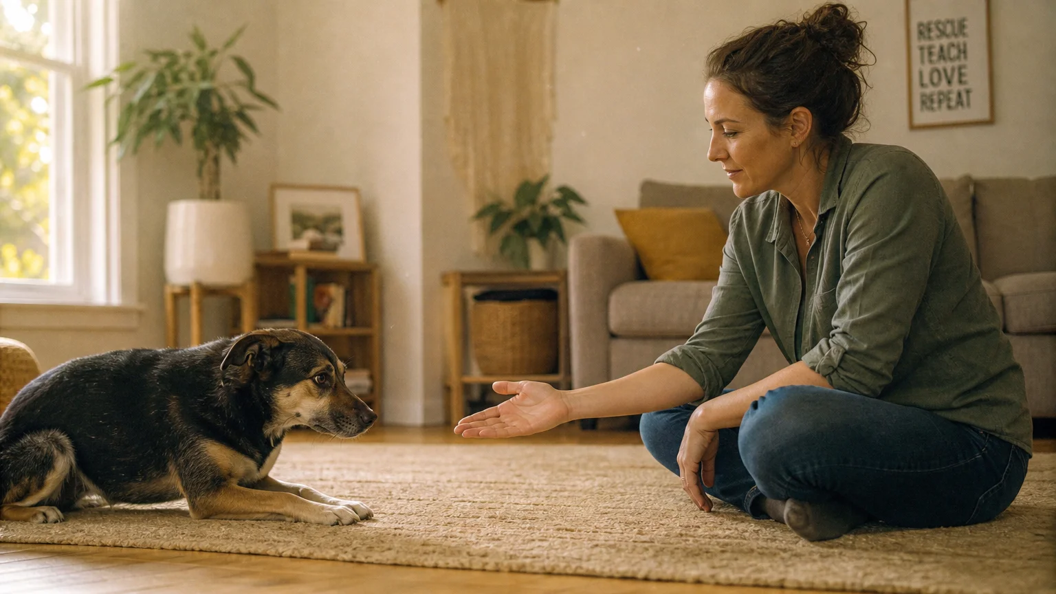 A warm 35mm photo of a dog behaviorist sitting on the floor, gently building trust with an anxious rescue dog in a living room.