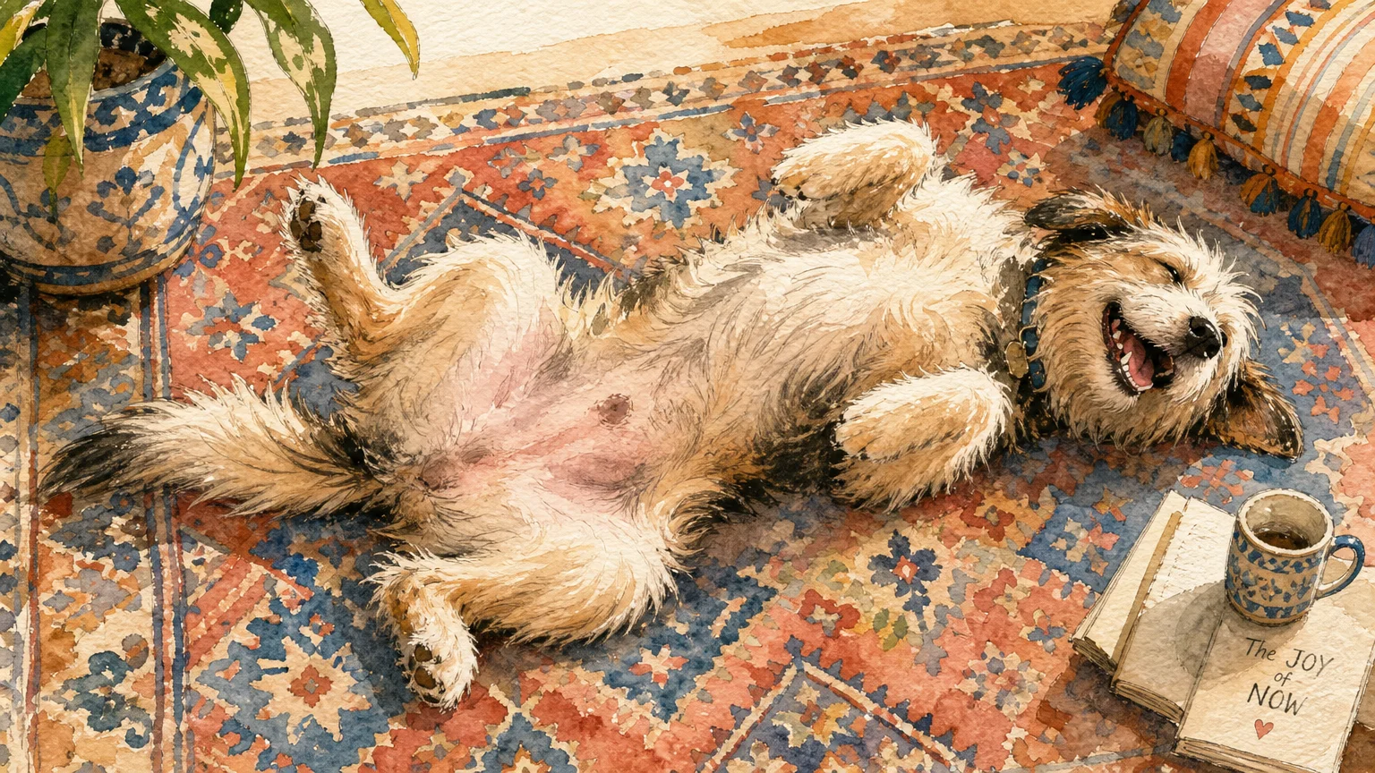 A warm gouache and watercolor illustration of a floppy, happy dog lying flat on its back with legs splayed in complete relaxation.