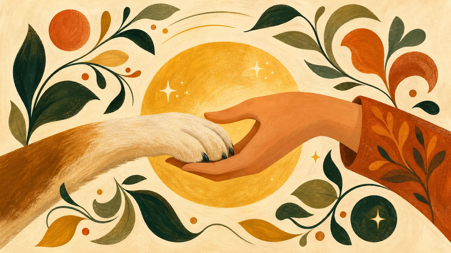 A warm gouache illustration of a human hand and dog paw gently touching, surrounded by green leaves and a golden glow.