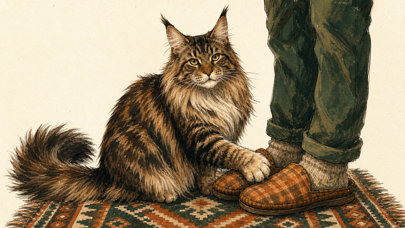 A warm gouache illustration of a massive, fluffy Maine Coon cat resting its large paw on a person's slippered foot.
