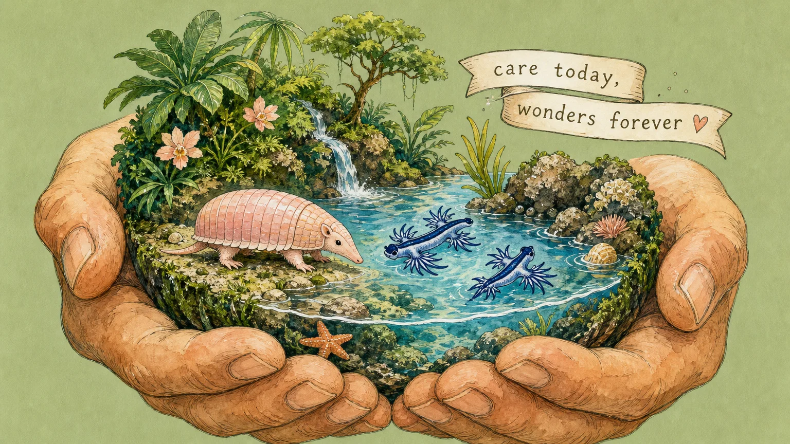 A warm gouache illustration of gentle hands cradling a miniature ecosystem containing a tiny rainforest, ocean pool, and rare animals.