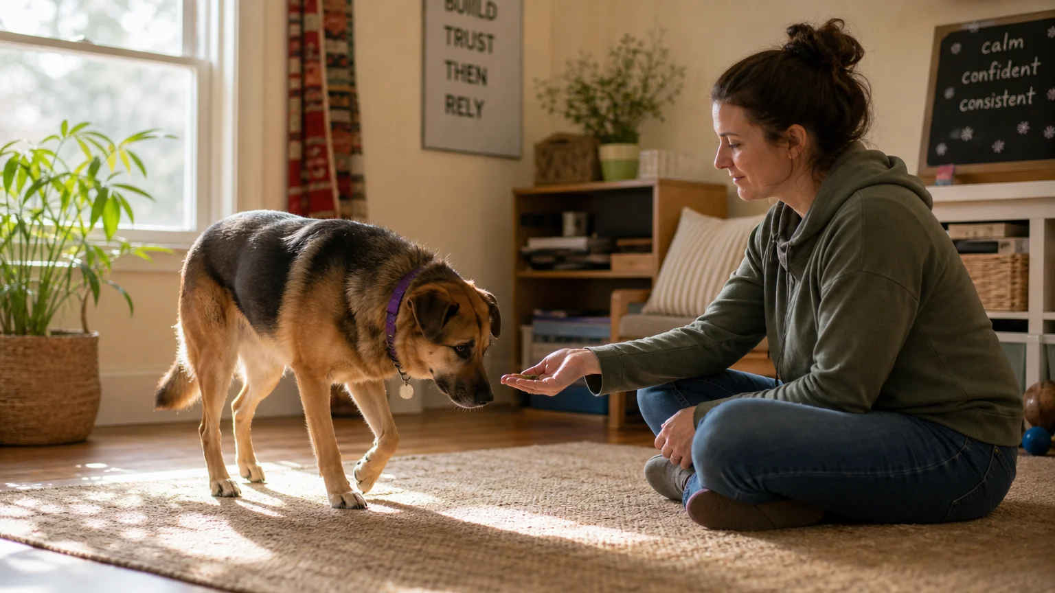 A warm, natural photo of an animal behaviorist sitting on a rug, gently offering a treat to a cautious dog during a training session.