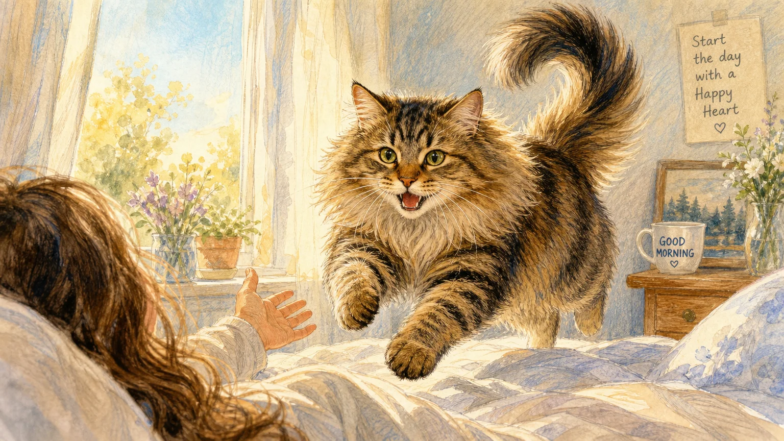 A warm watercolor illustration of a fluffy Siberian cat jumping onto a bed with its tail raised in a happy question-mark shape.
