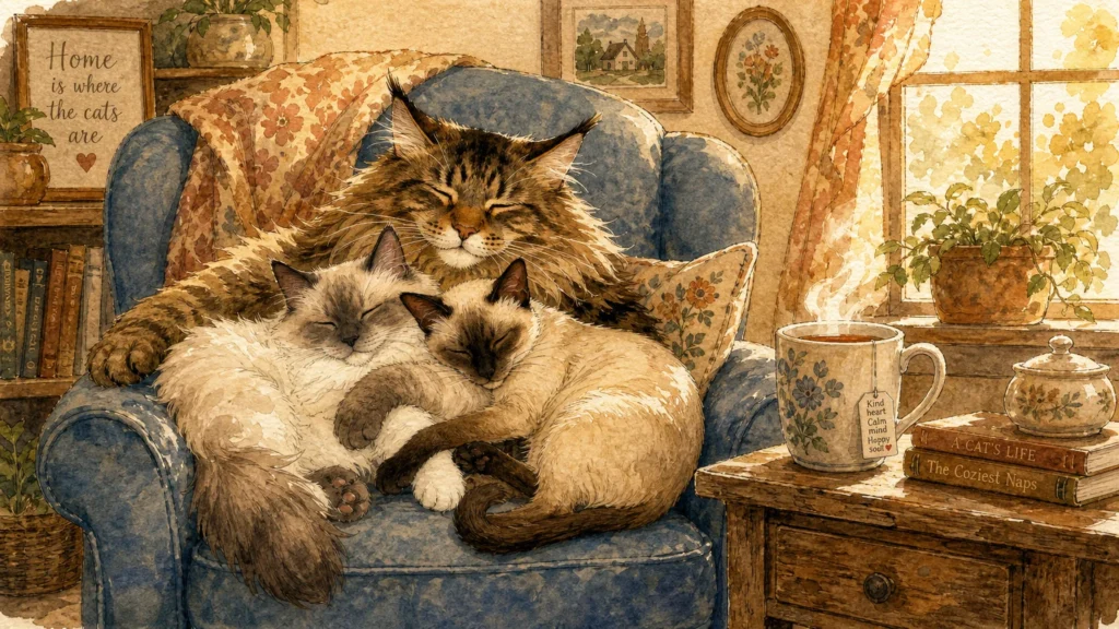 A warm watercolor illustration of three different cuddly cats sleeping together in a cozy armchair next to a hot mug of tea.