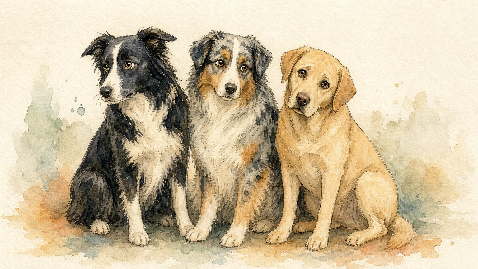 A warm watercolor illustration of three dog breeds—a Border Collie, an Australian Shepherd, and a Labrador—looking slightly anxious.