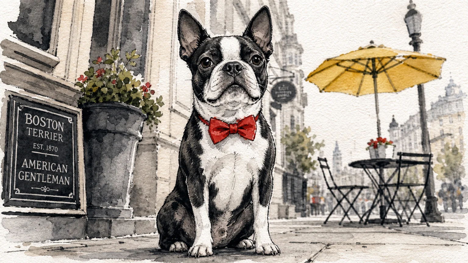A watercolor drawing of a Boston Terrier wearing a red bowtie, sitting on a sunlit city sidewalk.