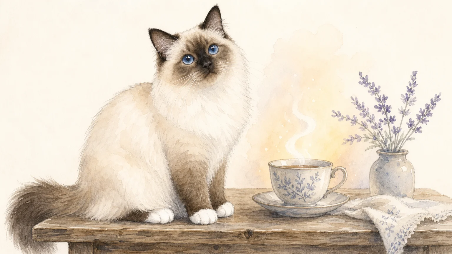 A watercolor illustration of a Birman cat with white paws sitting next to a steaming teacup on a wooden table.