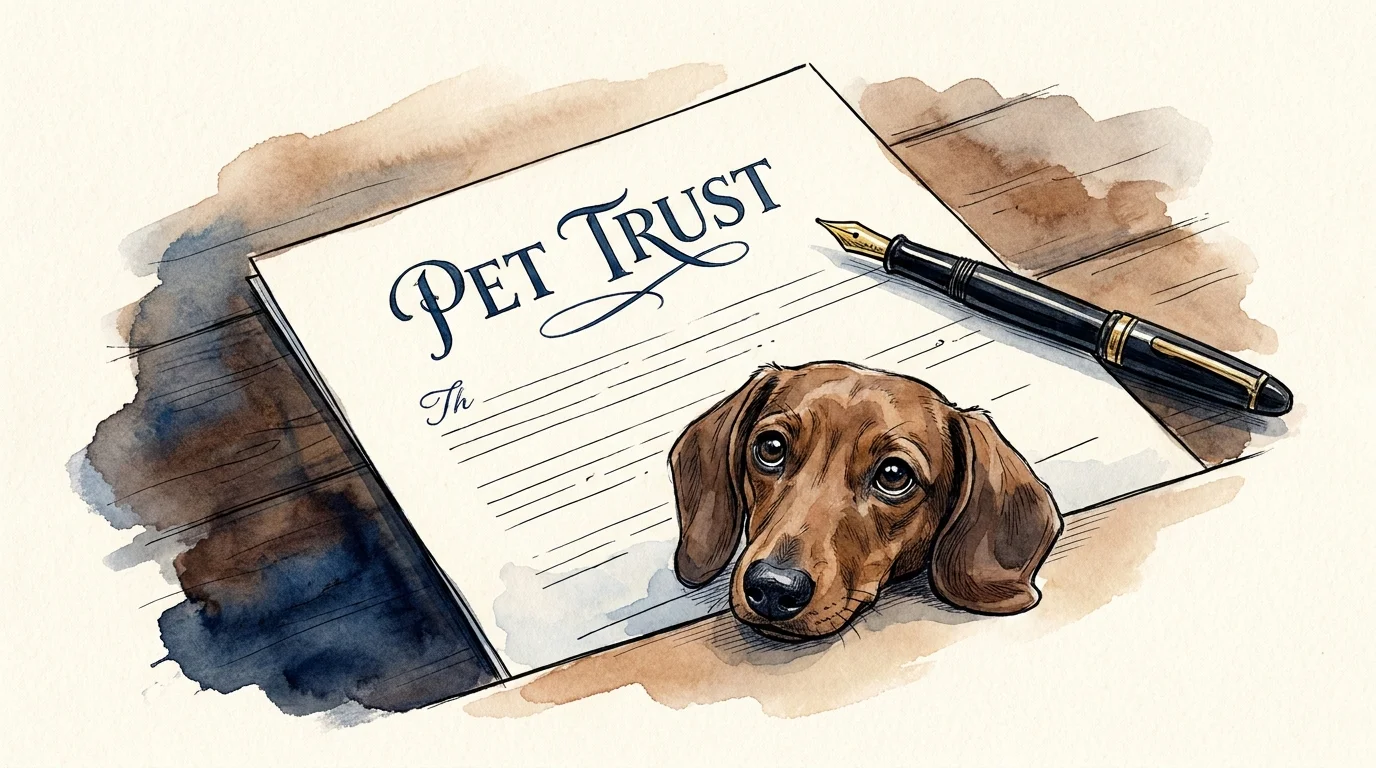 A watercolor illustration of a document titled Pet Trust resting on a desk, with a loyal dachshund gently leaning its chin on the page.