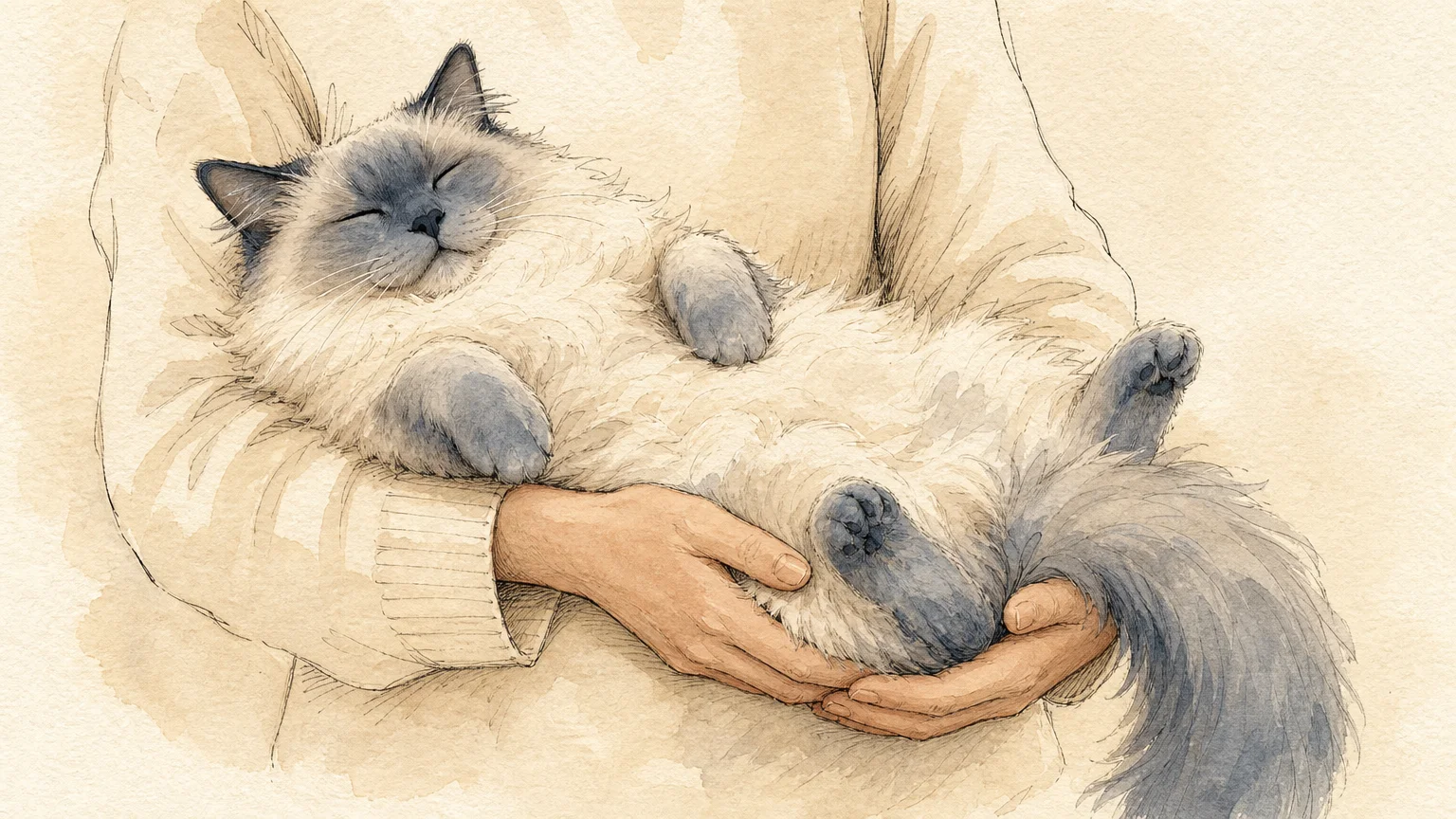 A watercolor illustration of a fluffy, limp Ragdoll cat being cradled gently like a baby in a person's hands.