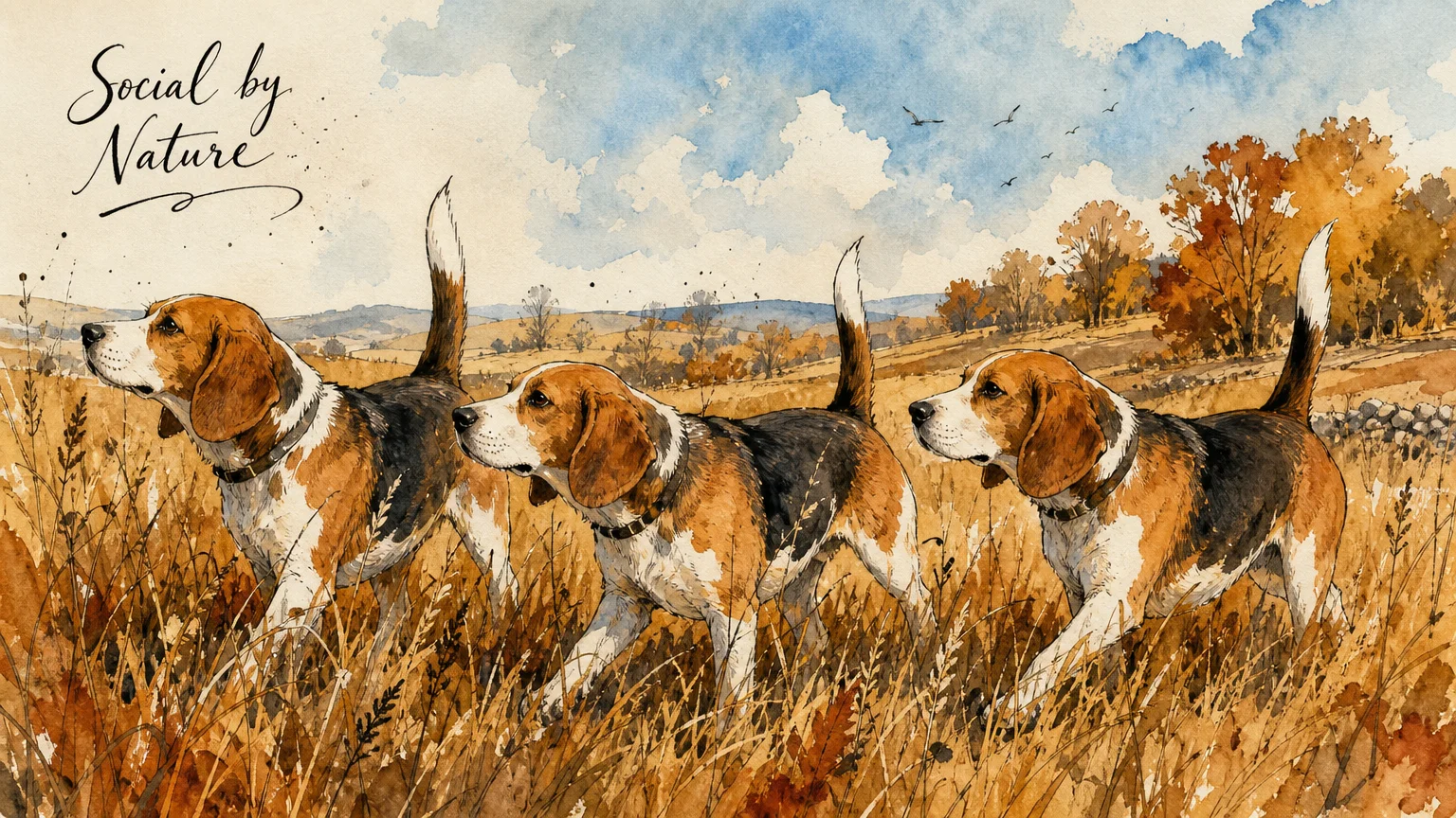 A watercolor illustration of a pack of three Beagles walking through tall grass with their tails held high.