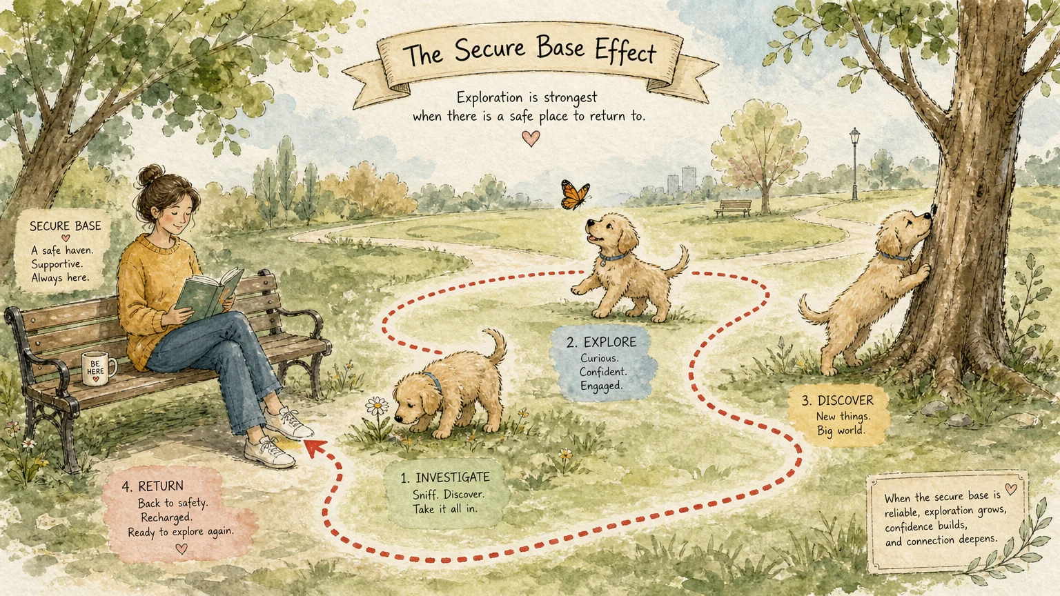 A watercolor illustration of a puppy exploring a grassy park along a dotted path that always loops back to its owner sitting on a bench.