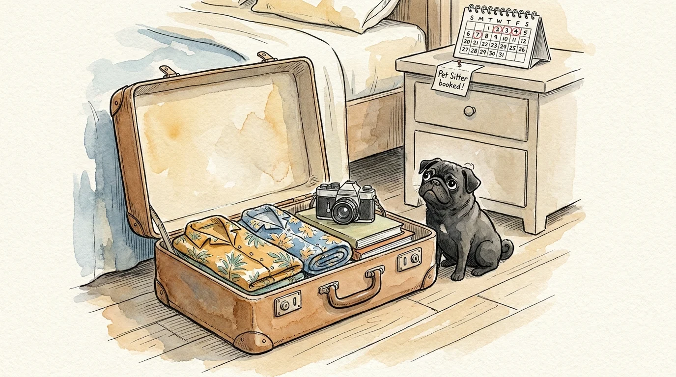 A watercolor illustration of an open suitcase packed for travel, with a curious pug sitting nearby next to a calendar marking a pet sitter b