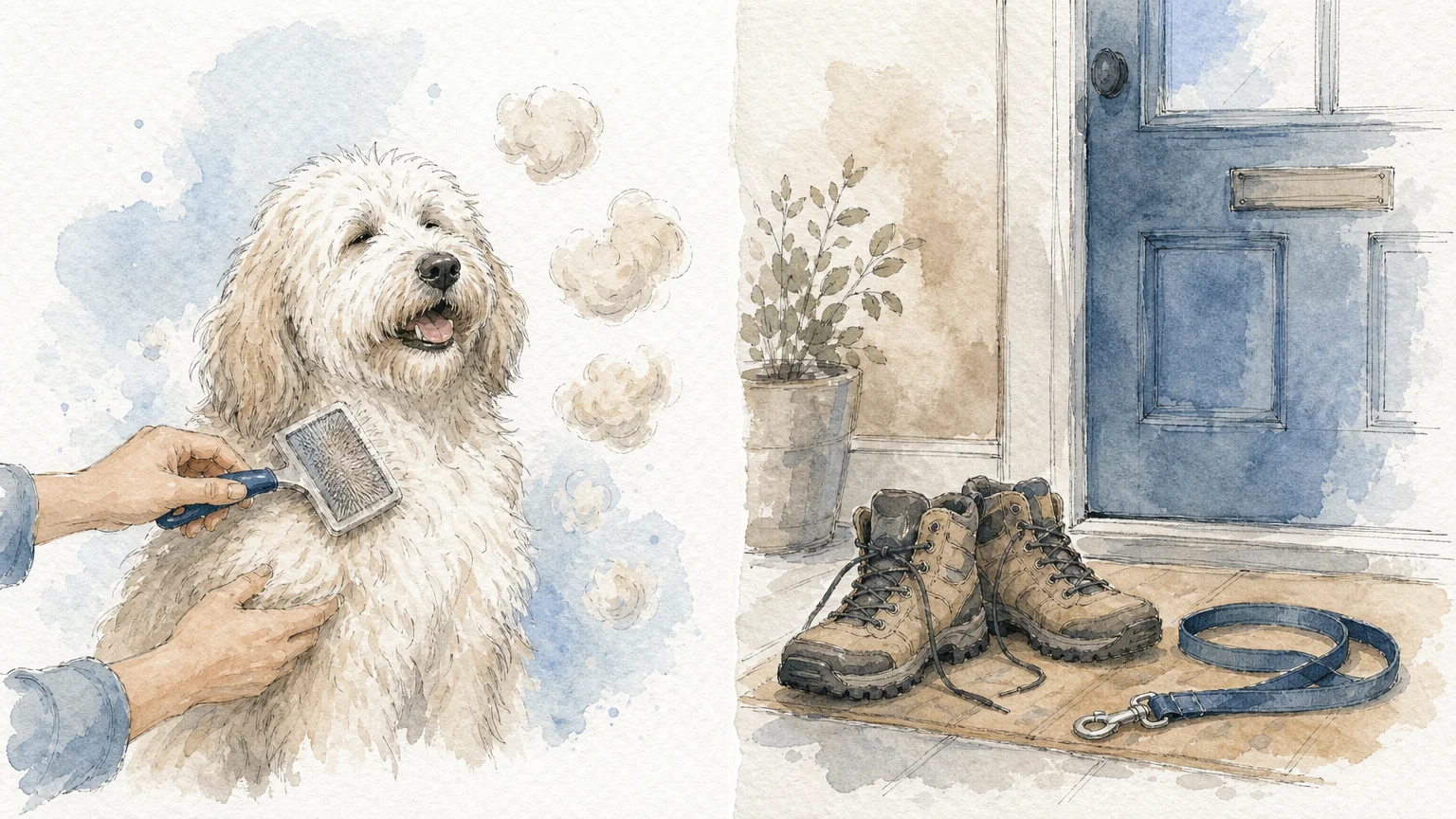A watercolor illustration of grooming brushes and walking boots, symbolizing the care needs of social dogs.