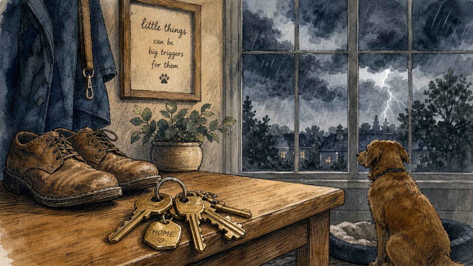 A watercolor illustration of house keys on a table and a stormy window, representing common anxiety triggers for dogs.