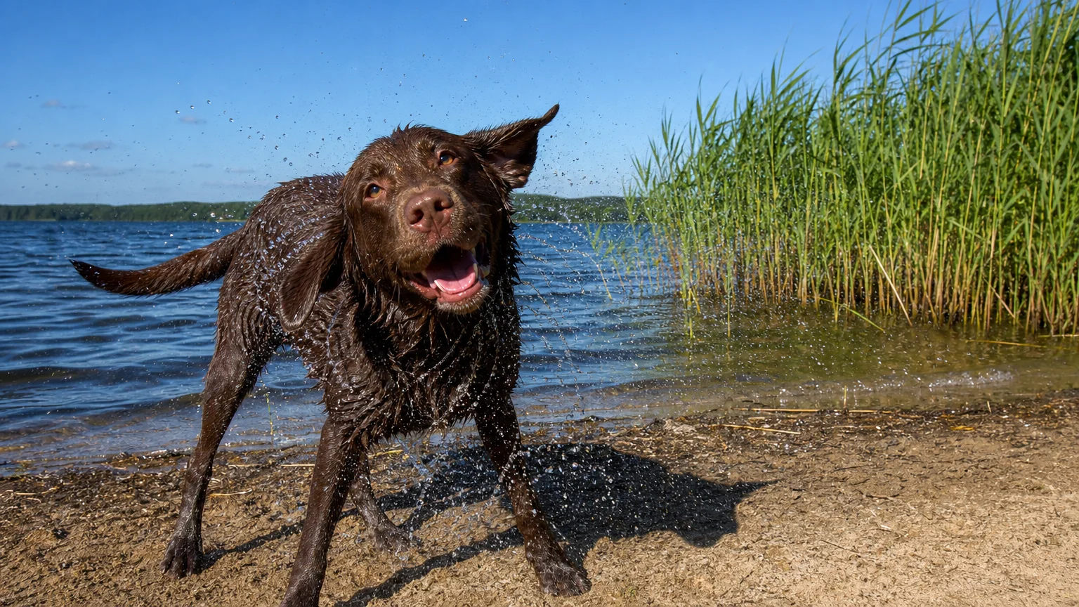 A wet Labrador Retriever shakes off water by a lake, its tail wagging with pure enthusiasm.
