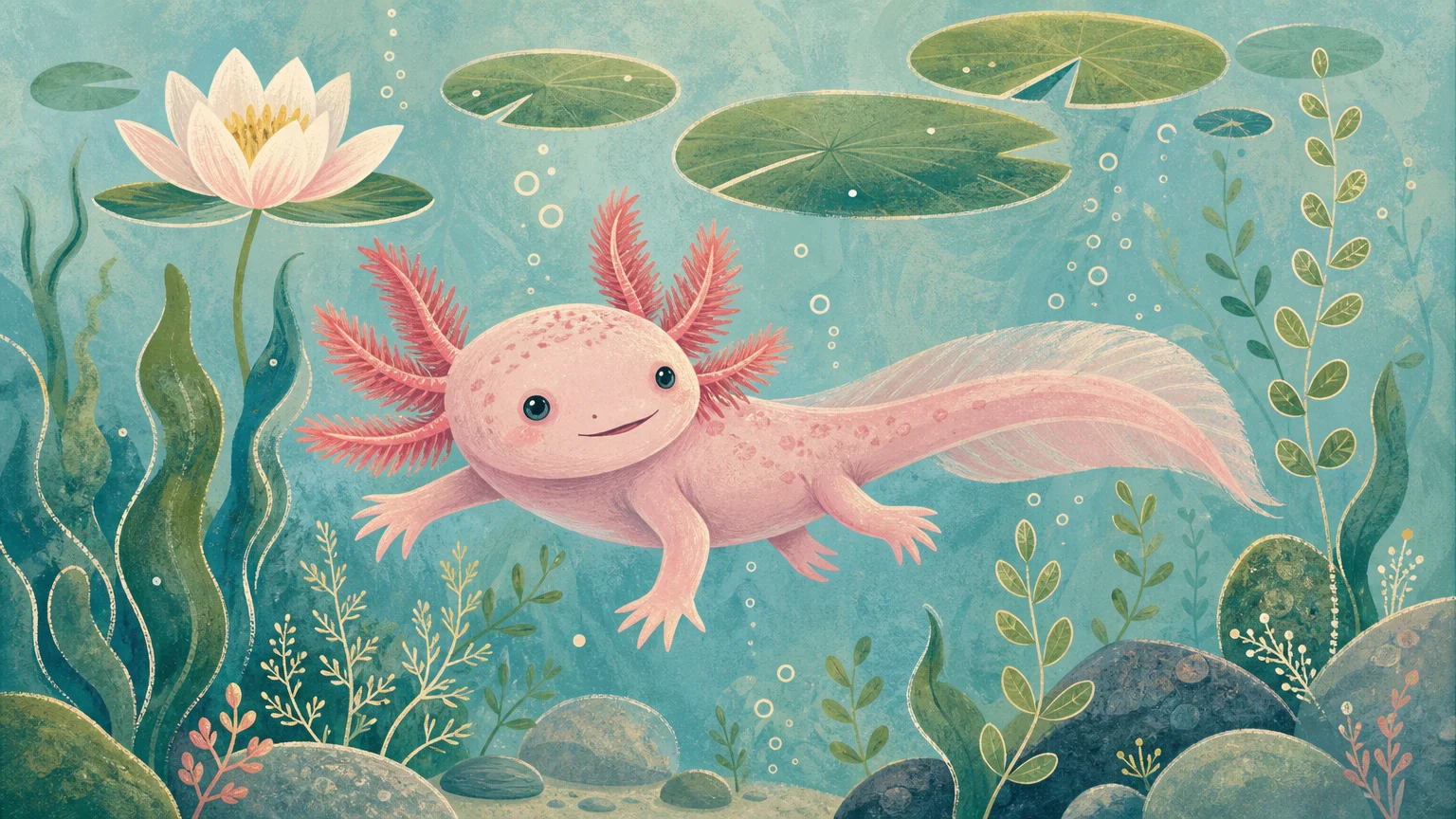 A whimsical gouache illustration of a smiling pink axolotl floating amongst stylized green water plants.