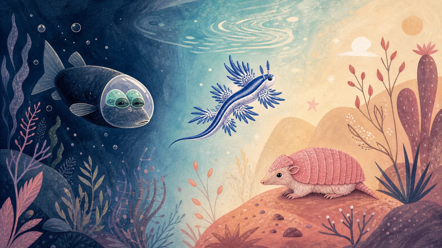 A whimsical gouache illustration of a transparent-headed barreleye fish, a blue dragon sea slug, and a pink fairy armadillo.