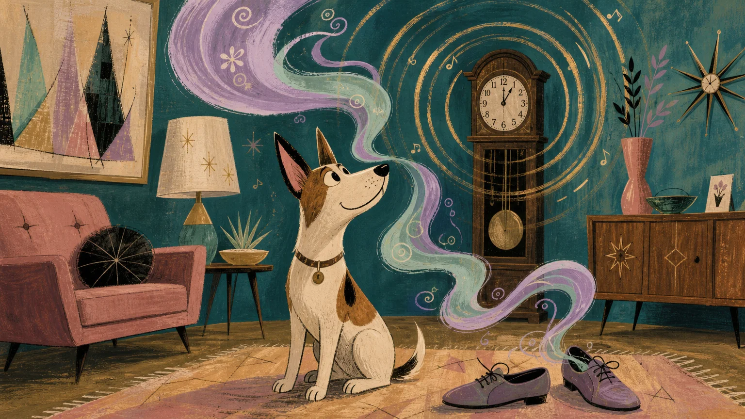 A whimsical illustration showing a dog experiencing a room through colorful scent trails and golden sound waves.