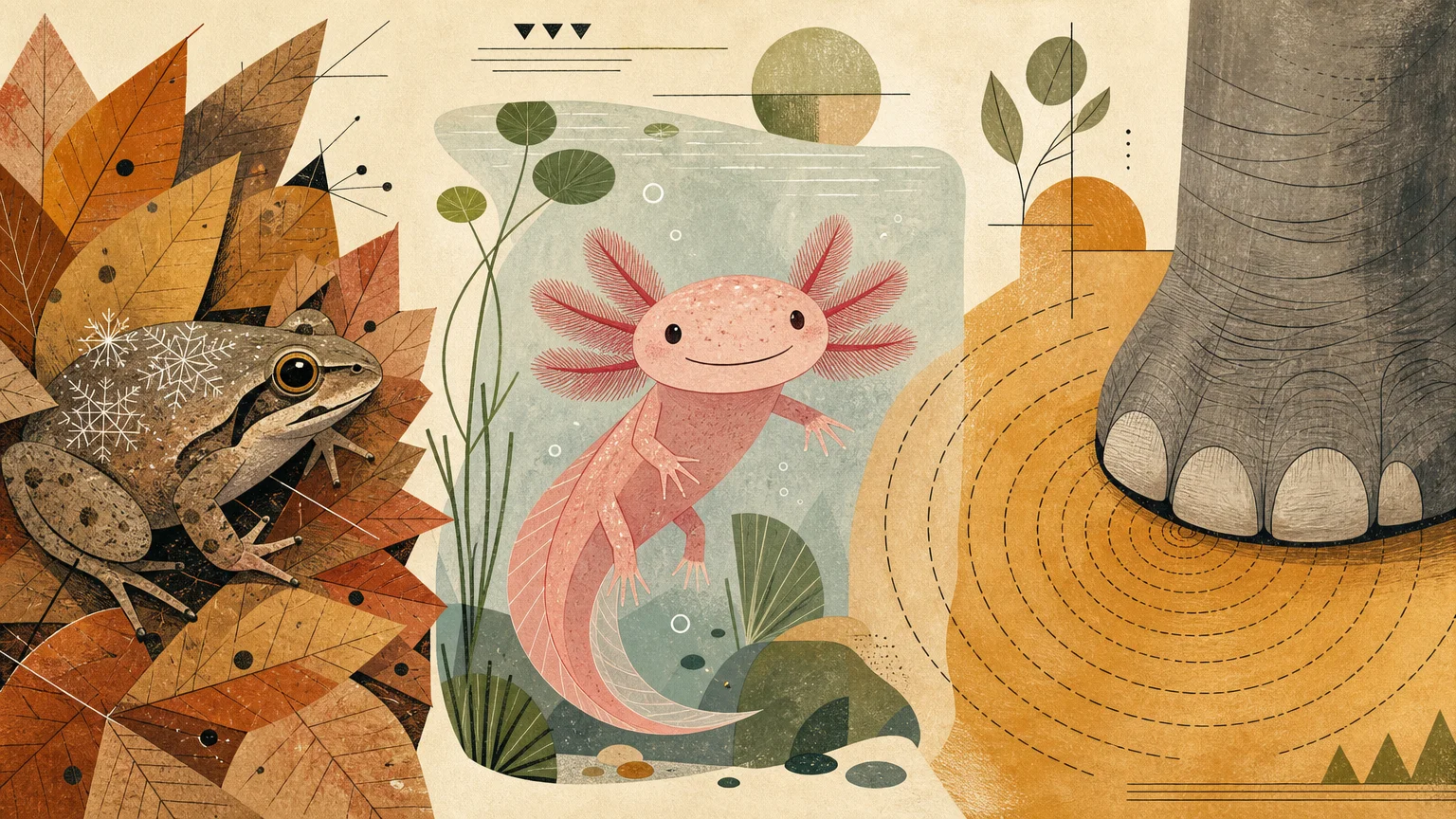 A whimsical mid-century gouache illustration of an axolotl, a wood frog with frost patterns, and an elephant foot on patterned soil.