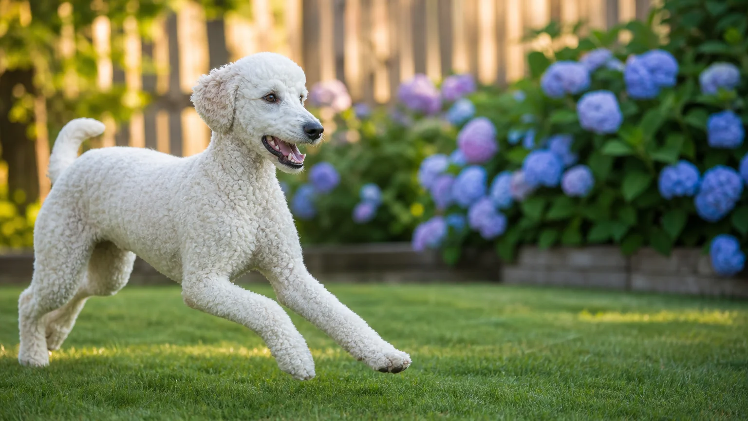 A white Standard Poodle with a casual haircut runs through a garden, showing its athletic and friendly nature.