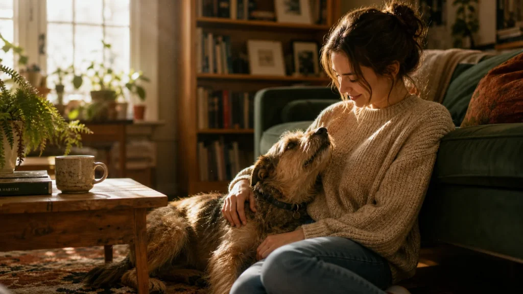 A woman in a cozy sweater sits on a living room floor, smiling as her scruffy dog leans against her and gazes up at her with adoration.