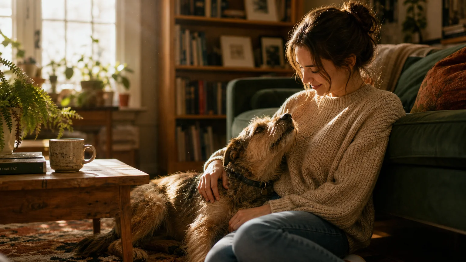 A woman in a cozy sweater sits on a living room floor, smiling as her scruffy dog leans against her and gazes up at her with adoration.