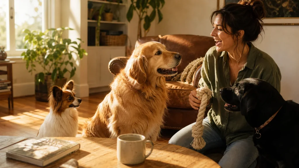 A woman laughs in a sunlit living room with a Golden Retriever, a Labrador, and a Papillon dog, representing the best breeds for beginners.