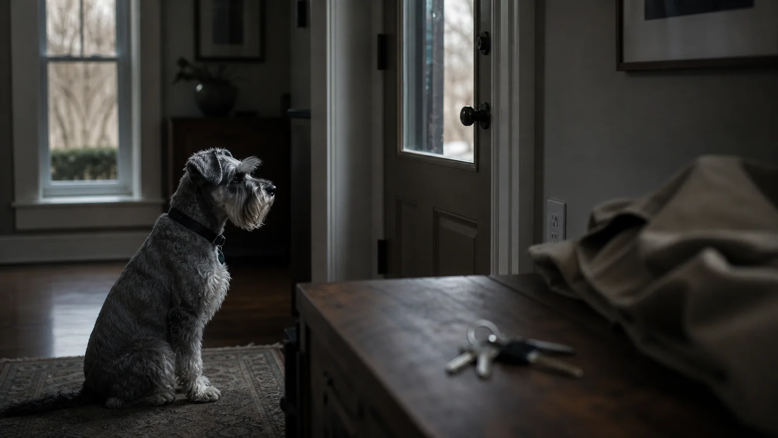 A worried Schnauzer sits by a closed front door next to a console table with keys, waiting for its owner.