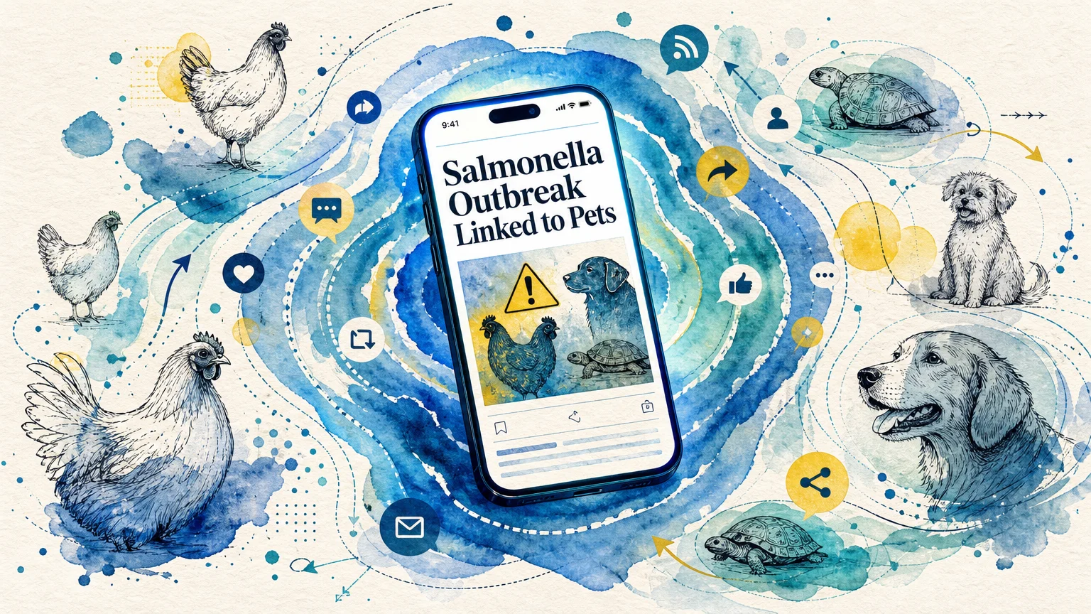 Abstract watercolor illustration of a smartphone showing a salmonella news headline with pet icons in ripples.