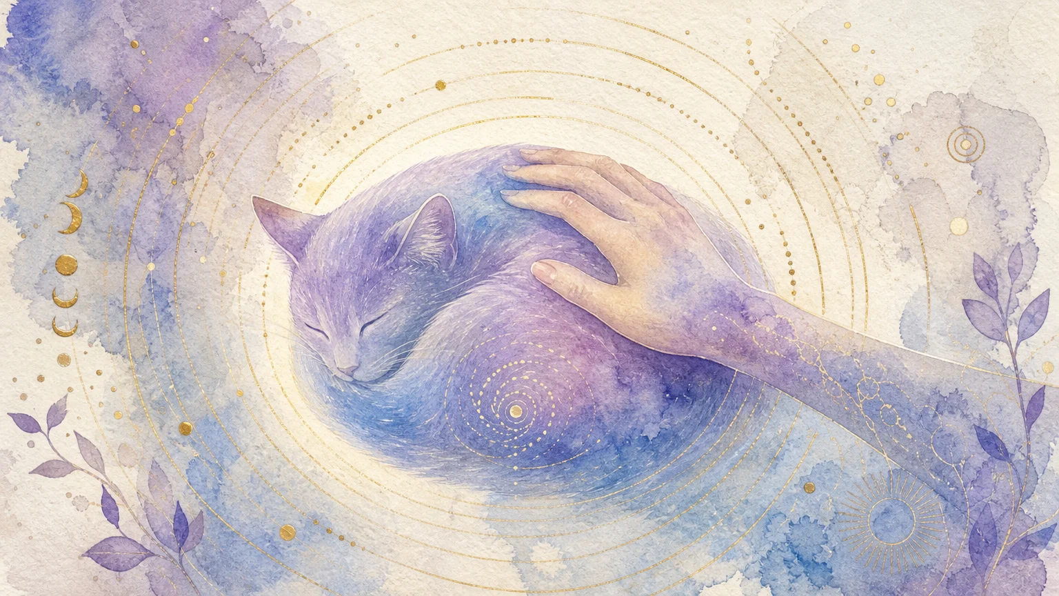 Abstract watercolor illustration showing golden vibrations radiating from a cat to a human hand, symbolizing stress relief.