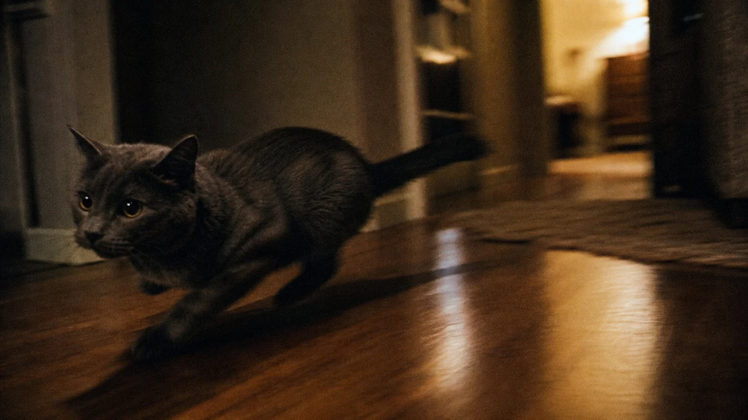 Action photograph of a gray cat sprinting down a dark hallway at night, with motion blur.