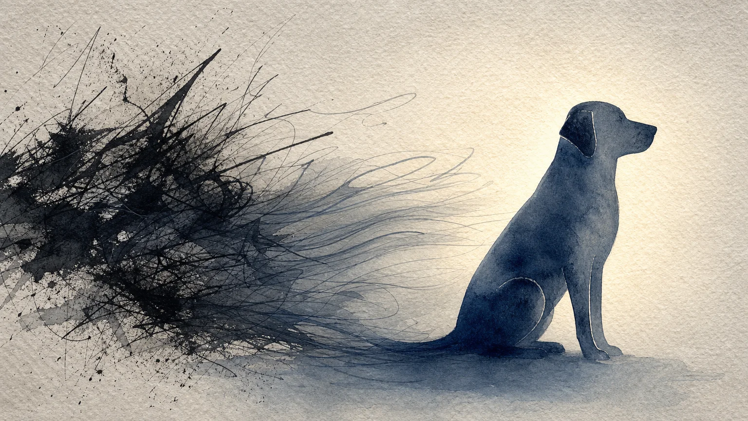 An abstract illustration showing chaotic lines transforming into a solid dog silhouette, representing the effects of training.