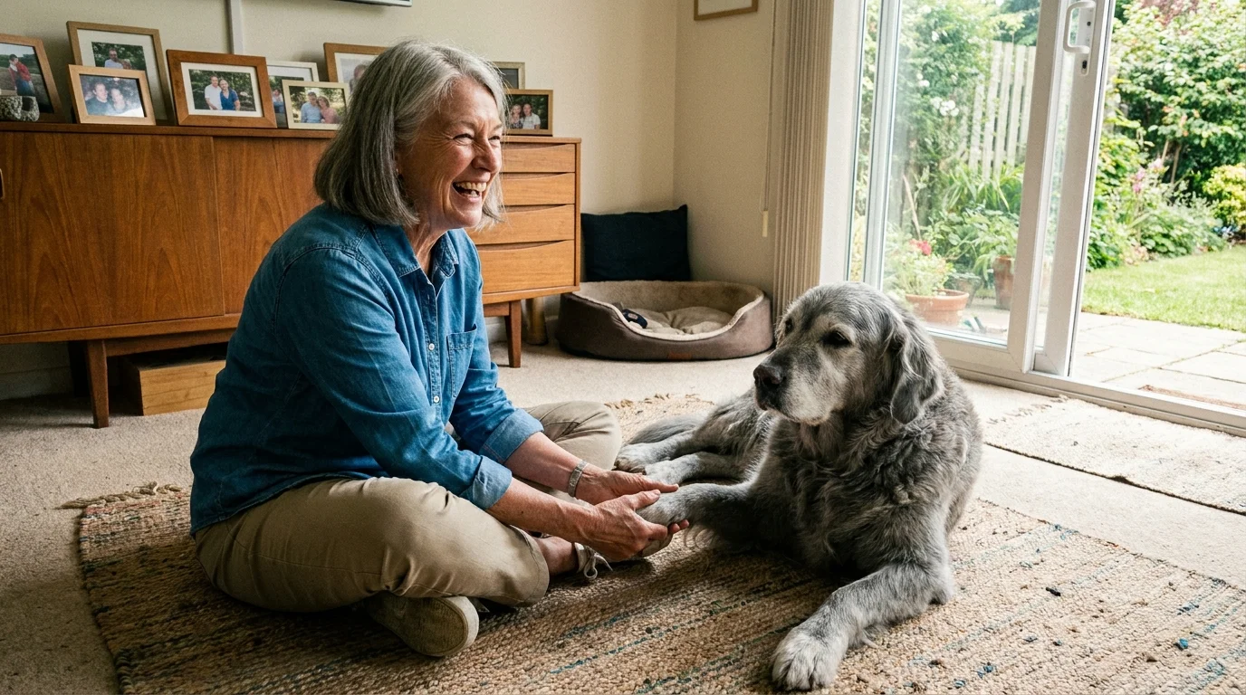 An active retired woman sitting on her living room rug, happily interacting with a calm, mature golden retriever.