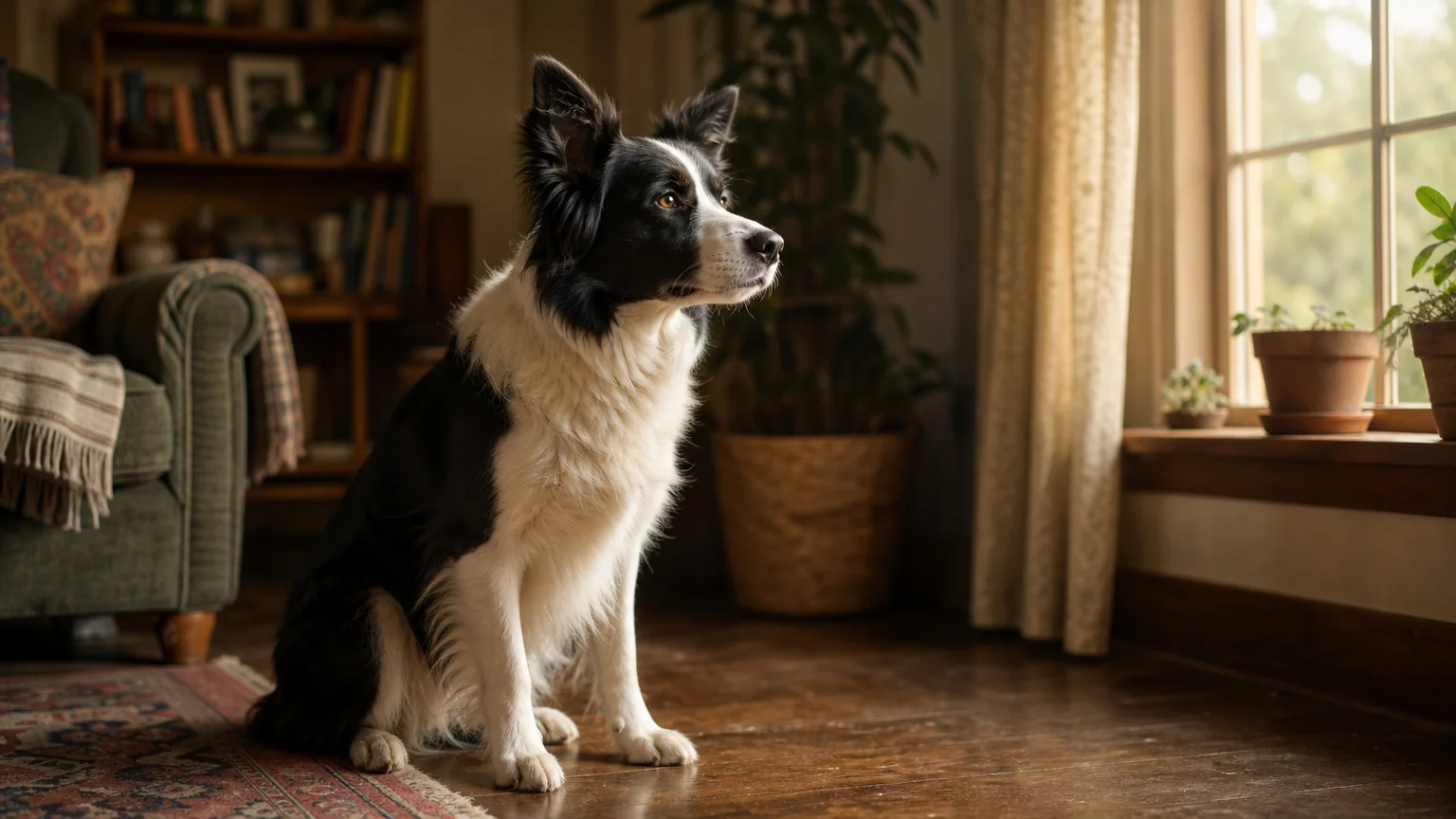 An alert black-and-white Border Collie sitting indoors by a window, bathed in warm afternoon sunlight.