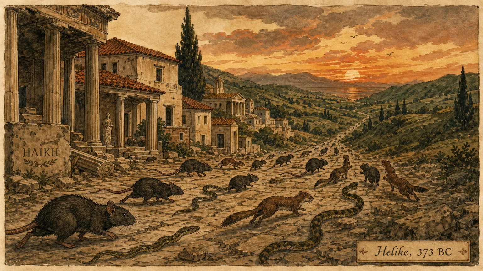 An antique-style illustration of rats and weasels fleeing classical Greek buildings in 373 BC under a copper sky.