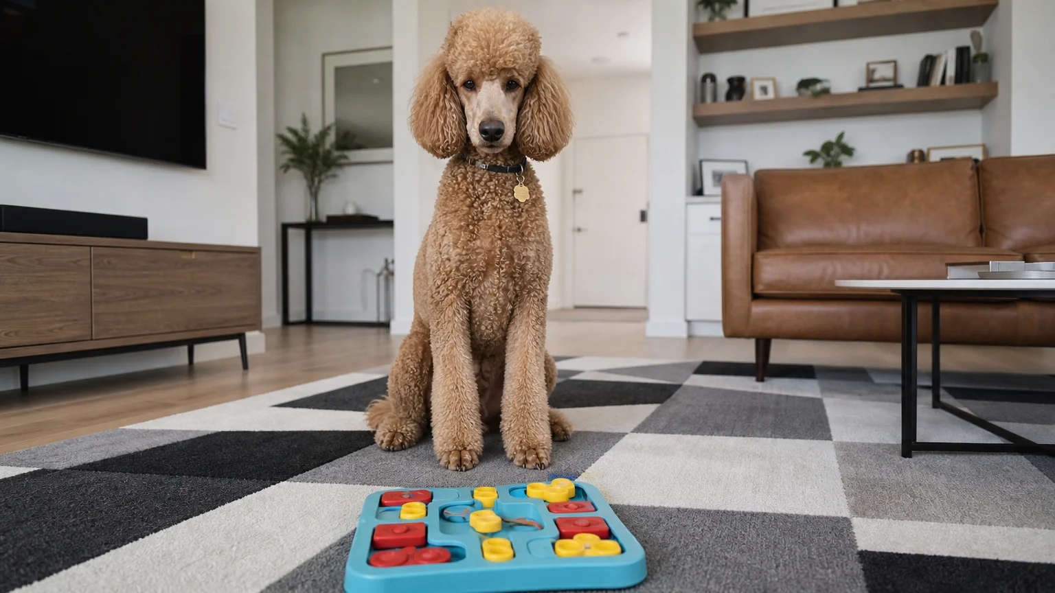 An apricot Poodle sits next to a dog puzzle toy in a modern living room.