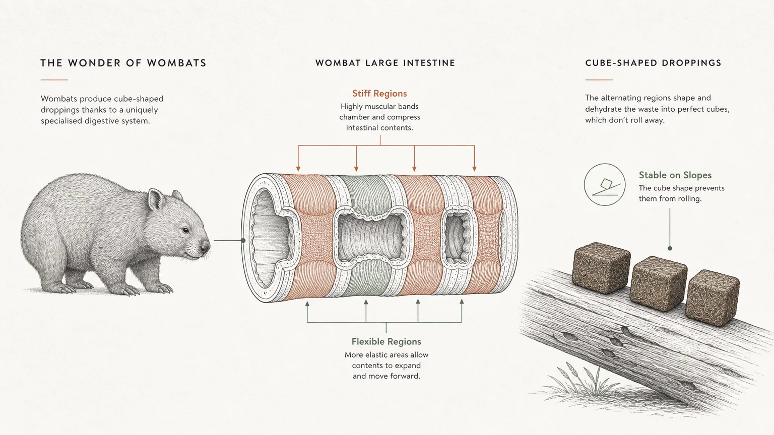 An elegant anatomical diagram showing how a wombat's intestine with stiff and flexible regions shapes cube-like droppings.